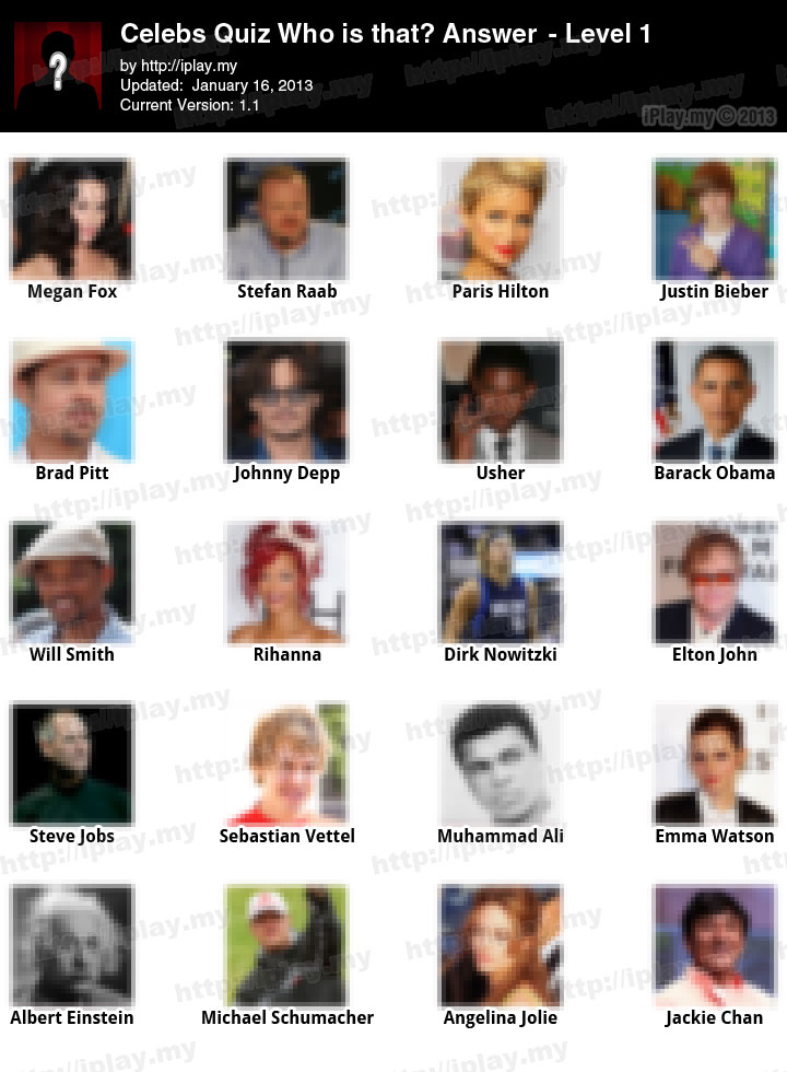 Celebs Quiz Who Is That? Answers Level 1