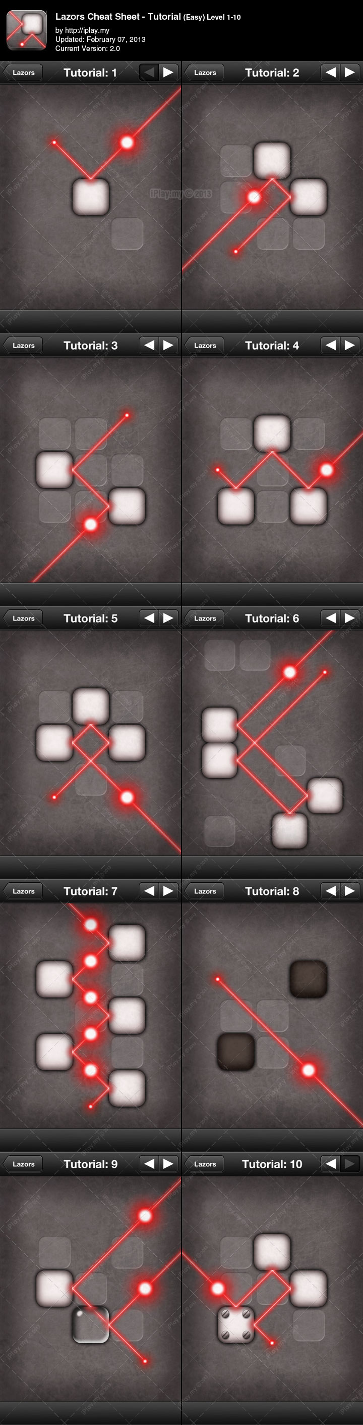 Lazors Answers Cheat Sheet - Tutorial (Easy) Level 1-10